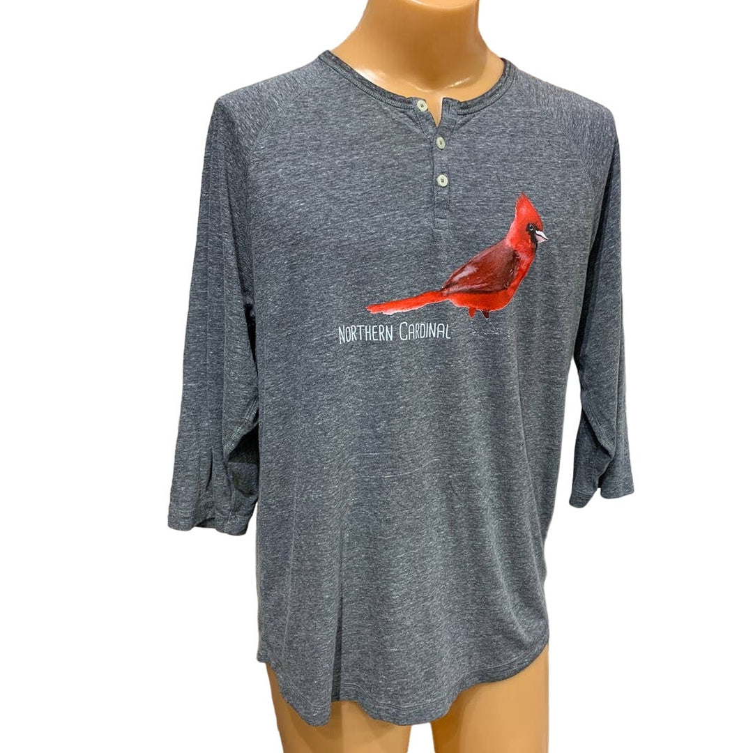 Wingspan Inspired Mens Large Hand Printed Cardinal Red Bird Upcycled Henley Tee