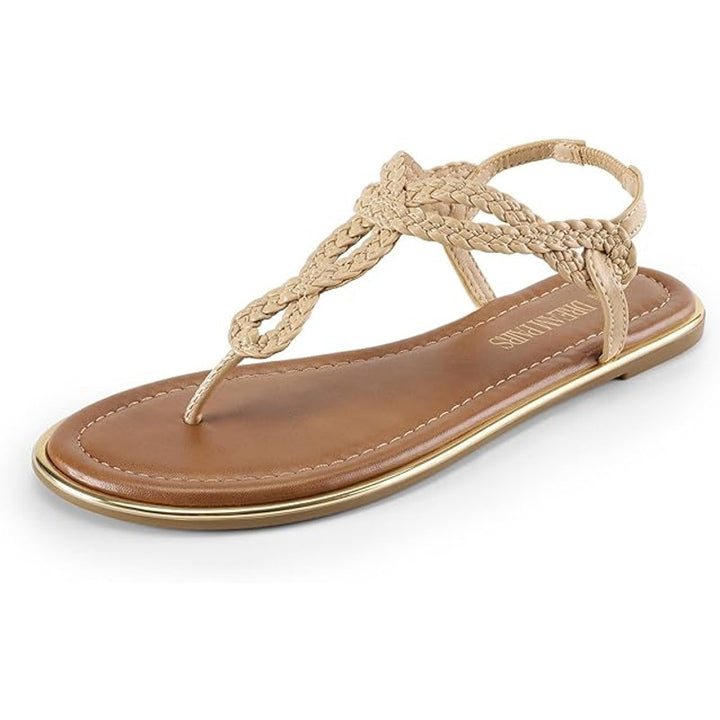 Dream Pairs Womens Size 8 Tan Gold Woven Elastic Heel Thong Flat Sandals Shoes