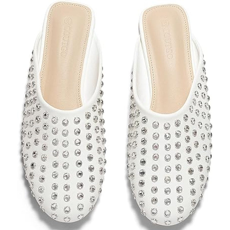 Coutgo Womens Size 11 White Silver Rhinestone Closed Toe Slide On Mules Flats