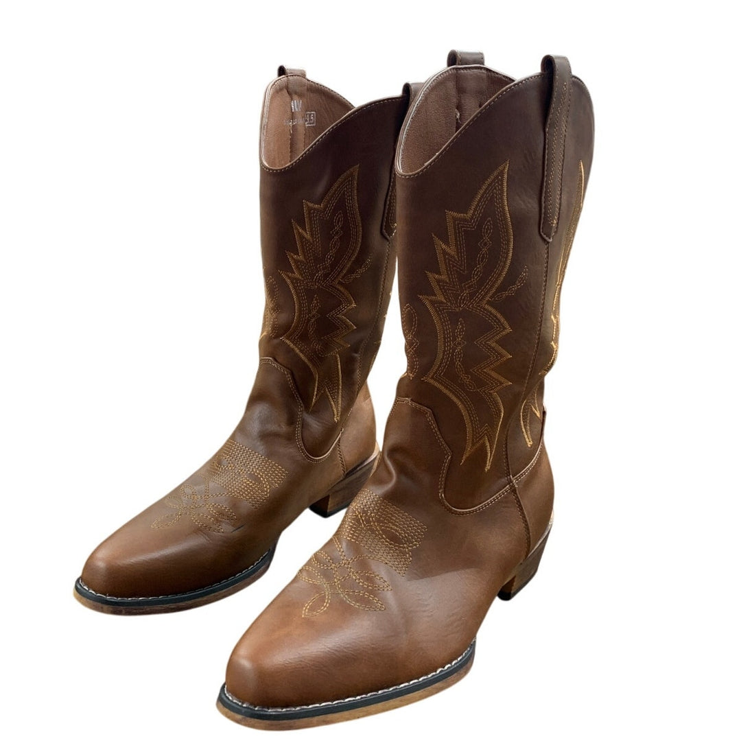 IUV Womens Size 9.5 Brown Faux Leather 1.5" Block Heel Embroidered Cowboy Boots
