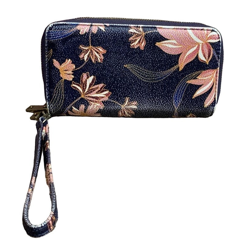 Small Floral Faux Leather Factory Distressed Navy Blue Wristlet Wallet
