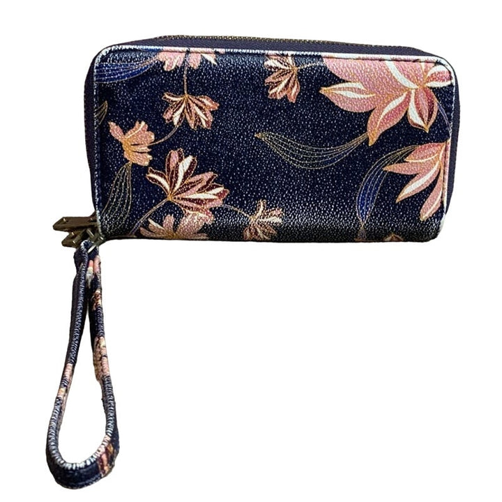 Small Floral Faux Leather Factory Distressed Navy Blue Wristlet Wallet