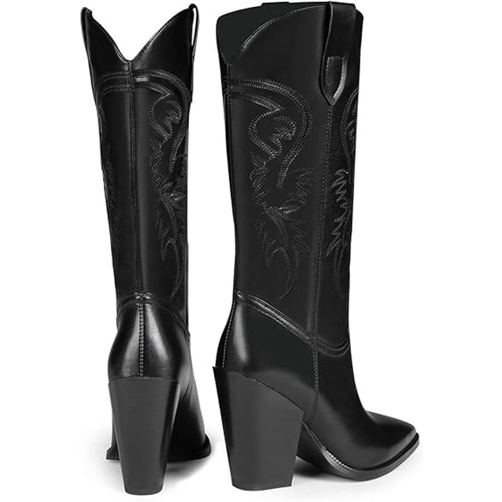 Isnom Womens Size 7 Black Embroidered Faux Leather Wide Calf Cowboy Boots