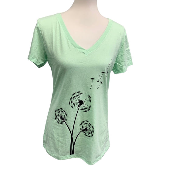 New Hand Printed Dandelion Womens XL Cotton Blend Short Sleeve V-Neck Tee