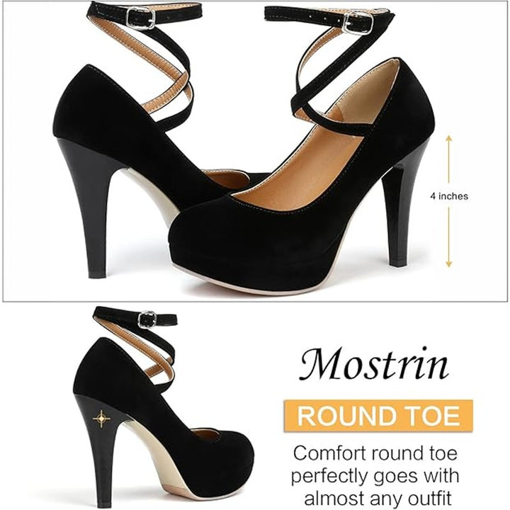 Mostrin Womens Size 10 Black Velvet Closed Toe Ankle Strap 4.5" Heel Pumps Shoes