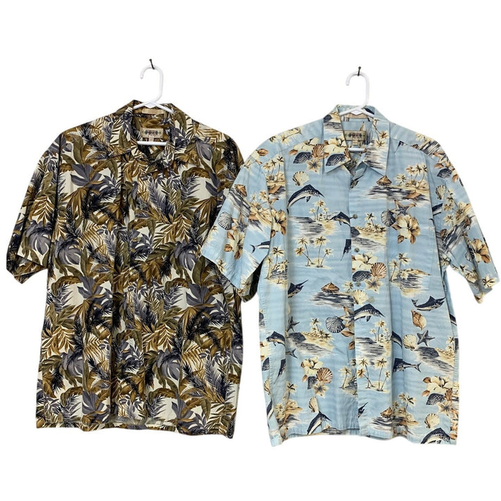 Lot of 2 Campia Moda Mens Large Cotton Floral Fish Short Sleeve Button Up Shirts