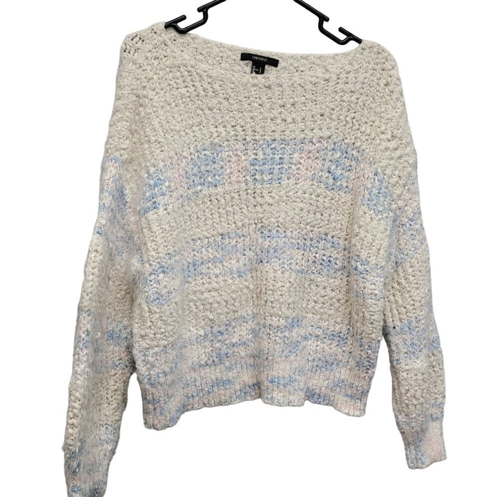 Forever 21 Womens Large Pastel Long Sleeve Striped Crew Neck Fuzzy Knit Sweater