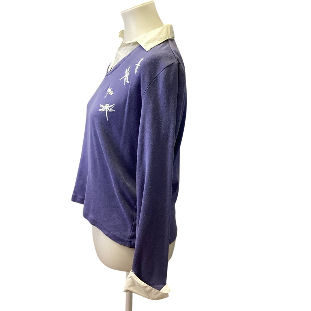 Hand Printed Upcycled Small Dragonfly V Neck Layered Look Long Sleeve Sweater