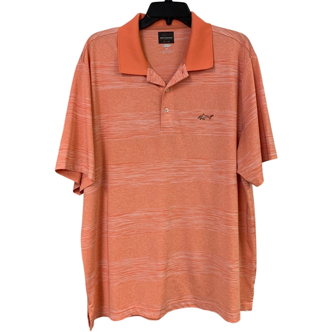 Lot of 2 Greg Norman Mens XL Play Dry Orange Striped Short Sleeve Polo Shirt EUC