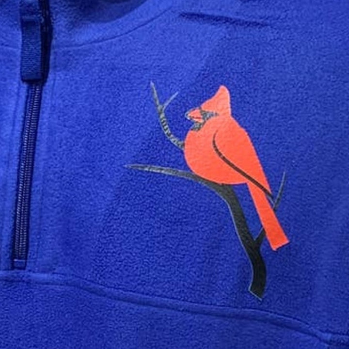 Hand Printed Upcycled Mens XL Cardinal Bird Long Sleeve Fleece 1/4 Zip Pullover