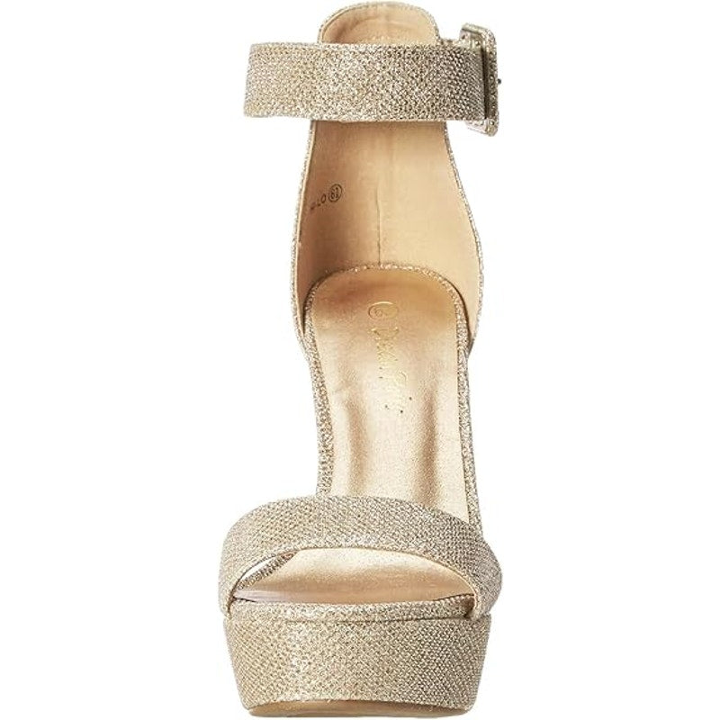 Dream Pairs Womens 5.5 Gold Glitter 5.75" Heel Open Round Toe Ankle Strap Shoes