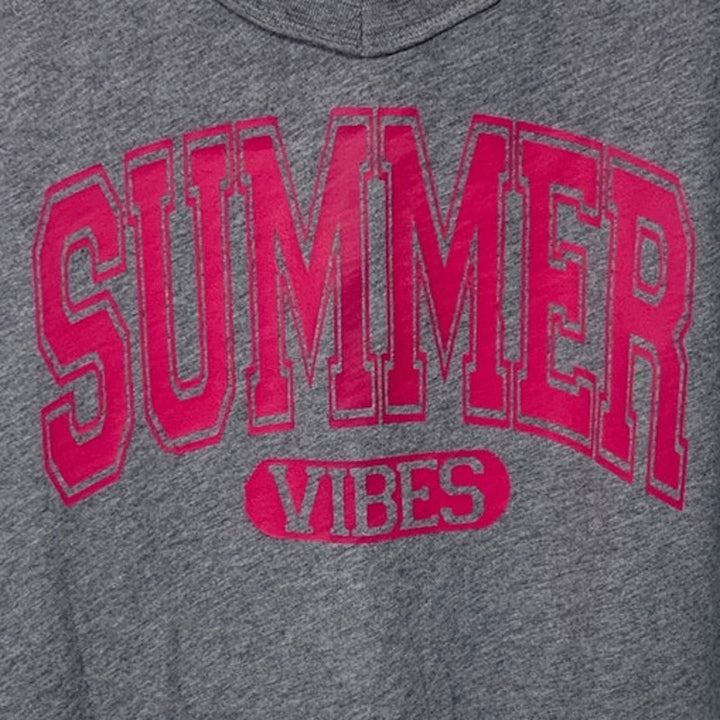 New Upcycled Hand Printed Womens Small Oversized Summer Vibes V- Neck Rugged Tee