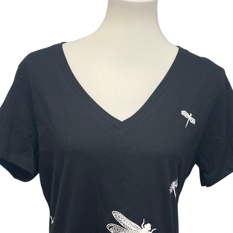 New Hand Printed Womens Large Dragonfly V-Neck PolyCotton Short Sleeve Tee Shirt