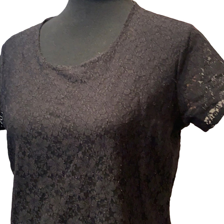Kate Hill Womens Large Short Sleeve Black Lace Shell Career Top Blouse Shirt