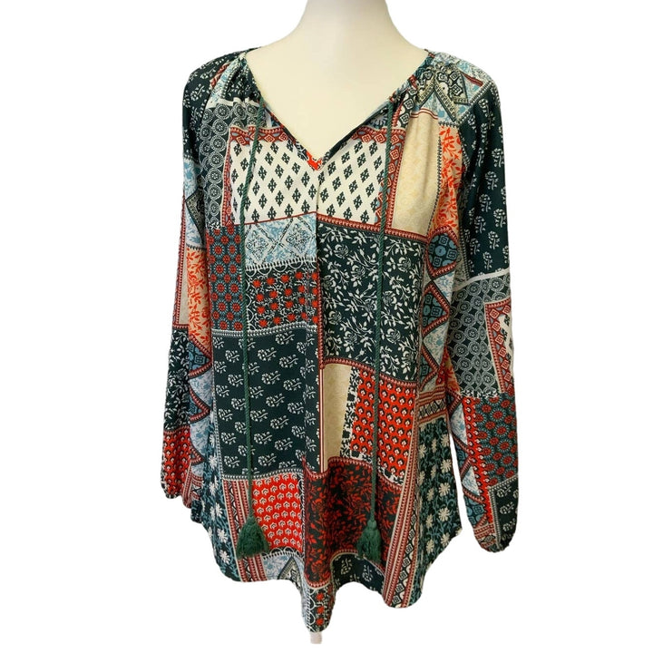 Womens Large V Neck Elastic Wrist Long Sleeve Boho Patchwork Lightweight Blouse