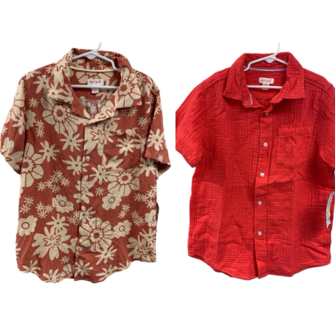 2 New Cat &amp; Jack Boys Small (6/7) Short Sleeve Floral Melon Button Up Shirts