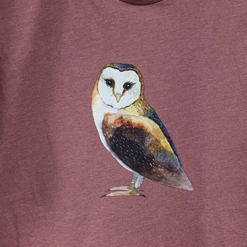 New Hand Printed Womens XS Rose Pink Woodland Owl Bird Short Sleeve Tee Shirt