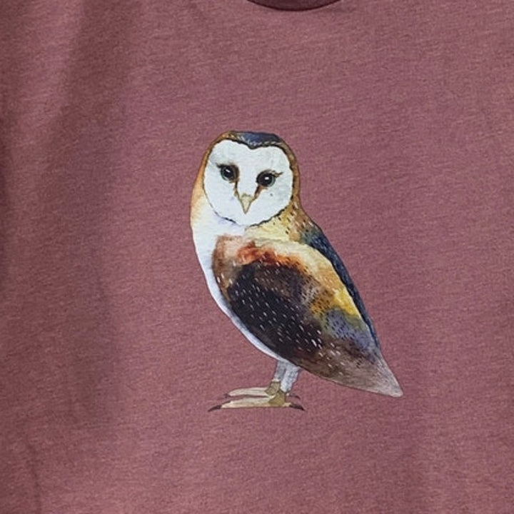 New Hand Printed Womens XS Rose Pink Woodland Owl Bird Short Sleeve Tee Shirt
