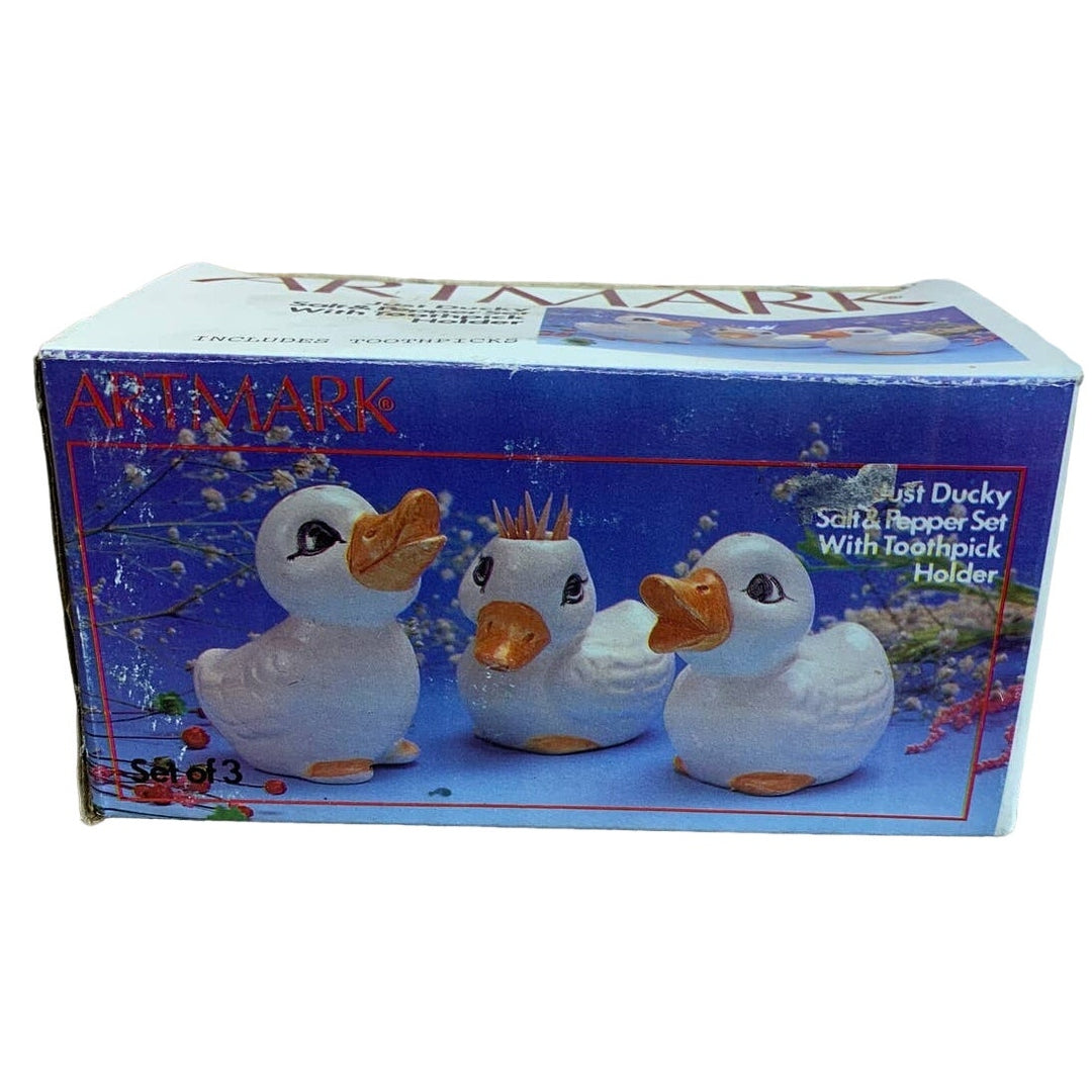 Vintage 1987 Just Ducky Salt &amp; Pepper Shaker Toothpick Holder Ceramic Ducks