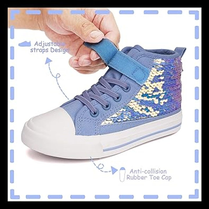 New Toandon Little Girls Size 12 Blue Sequin Lace Up Hook Loop High Top Sneakers