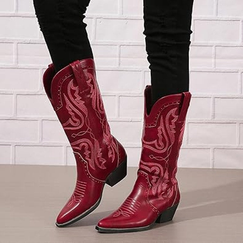 SelRoys Womens 11 Red Faux Leather 2" Heel Pull On Mid Calf Cowboy Boot Shoes