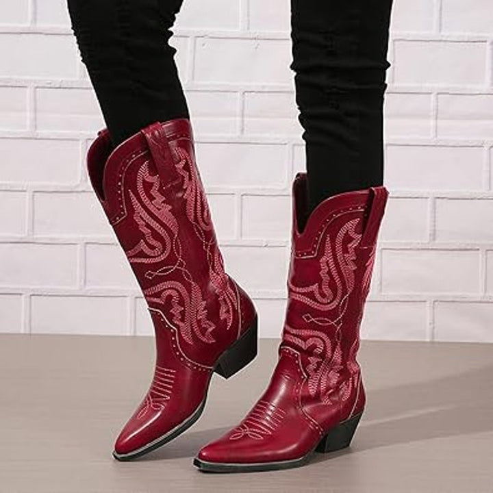 SelRoys Womens 11 Red Faux Leather 2" Heel Pull On Mid Calf Cowboy Boot Shoes