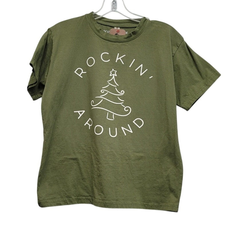 Hand Printed Upcycled Womens Medium Rockin Around Christmas Tree Tee Shirt