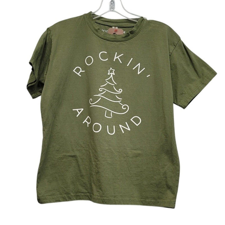 Hand Printed Upcycled Womens Medium Rockin Around Christmas Tree Tee Shirt