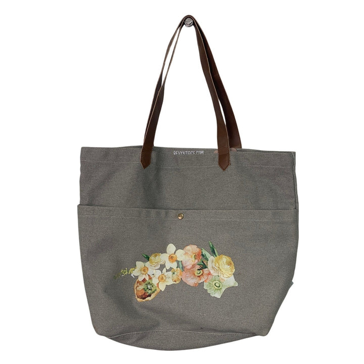 Hand Printed Upcycled Daffodil Yellow Rose Flower Shoulder Front Pocket Tote Bag