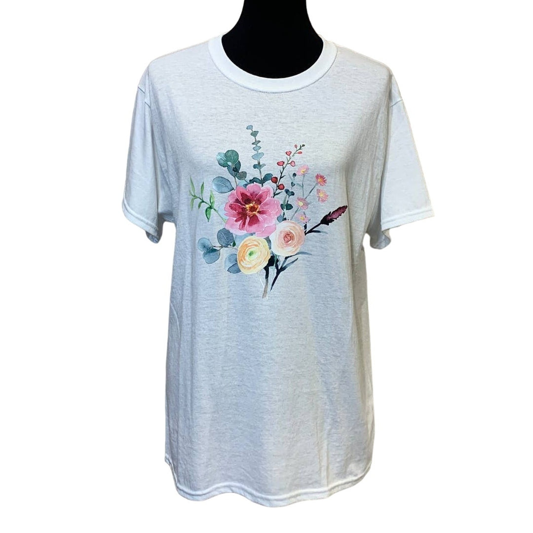New Hand Printed Medium Pink Watercolor Summer Flower Peony Aster Bouquet Tee