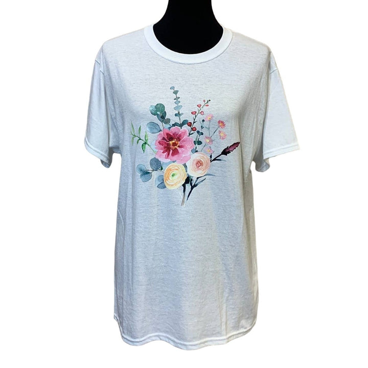 New Hand Printed Medium Pink Watercolor Summer Flower Peony Aster Bouquet Tee