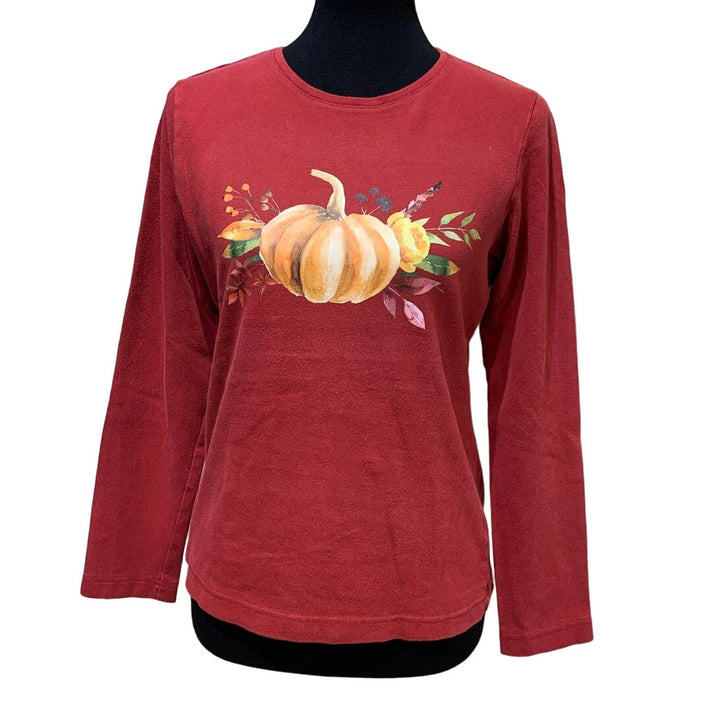 Hand Printed Upcycled Medium Pumpkin Autumn Flower Bouquet Long Sleeve Tee