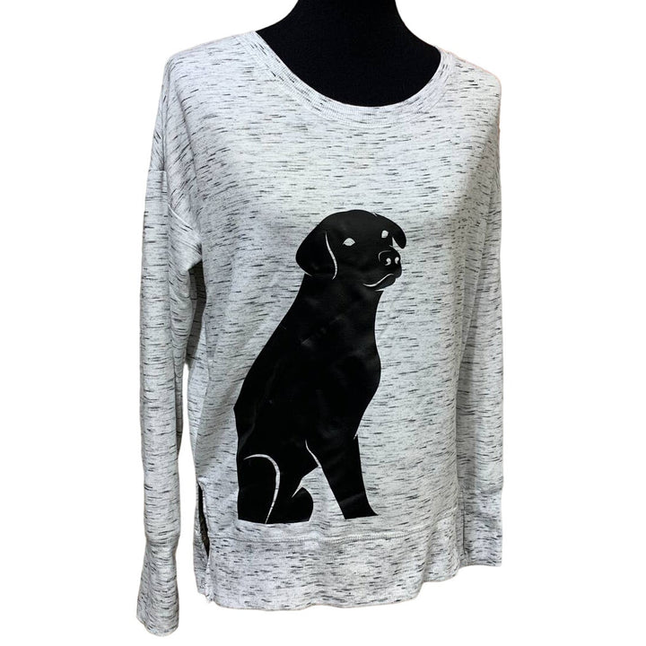 Hand Printed Upcycled Small Black Lab Dog Puppy Long Sleeve Polyblend Sweatshirt
