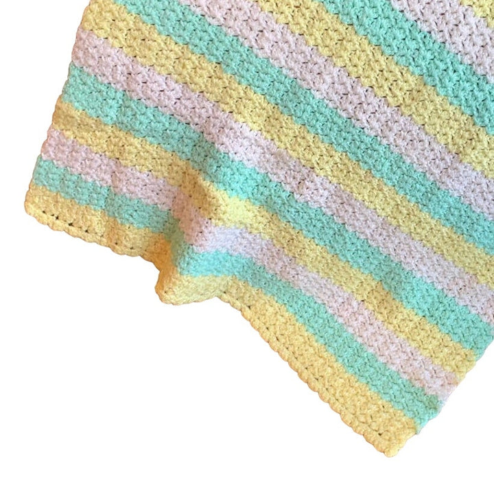 Handmade Pastel Green Yellow White Crocheted Baby Blanket Afghan Throw