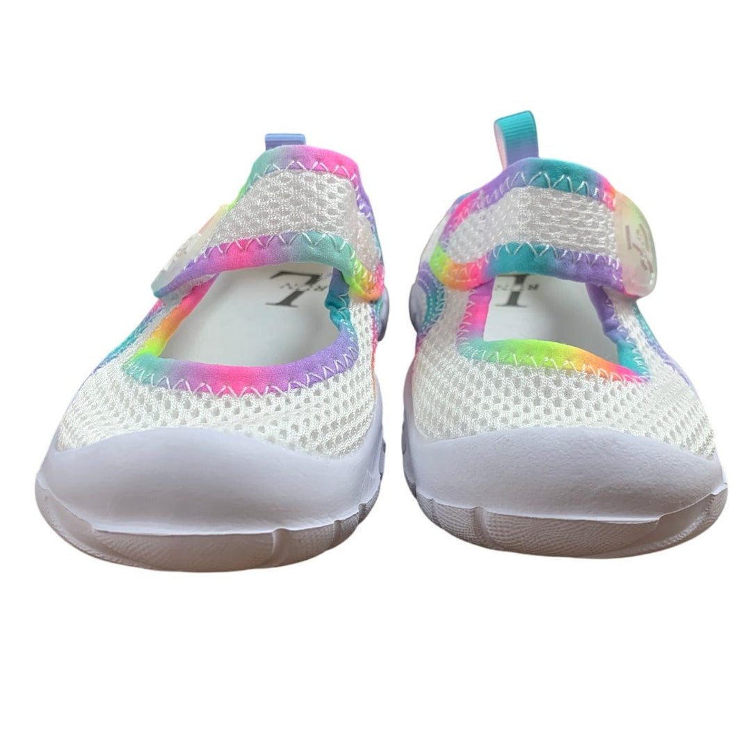 New L-Run Toddler Girl Size 5.5 White Rainbow Mesh Non Slip Hook Loop Shoes