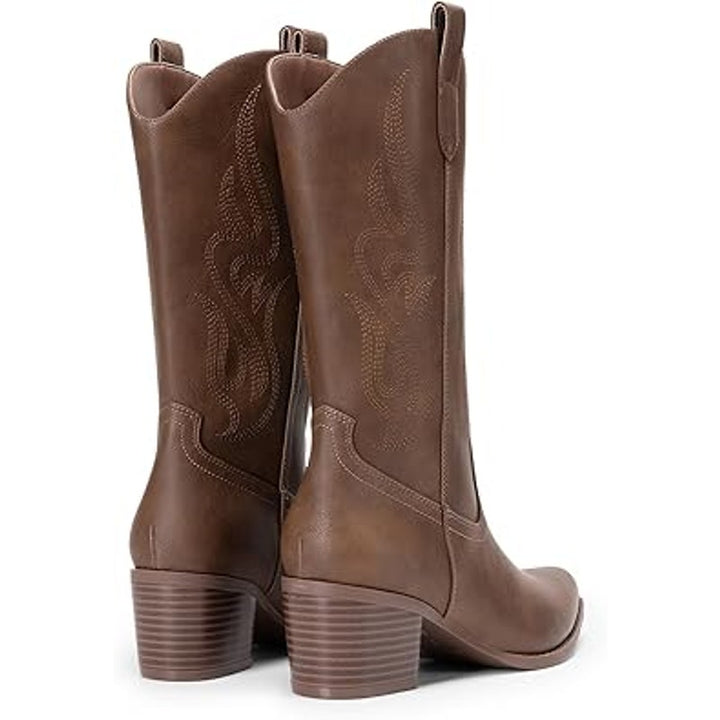 Dream Pairs Womens Size 8 Brown Faux Leather Embroidered 2.5" Heel Cowboy Boots