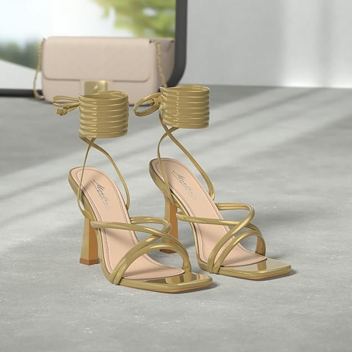 Mostrin Womens 9.5 Shiny Gold Strappy Open Toe 4" Heel Leg Wrap Sandal Shoes