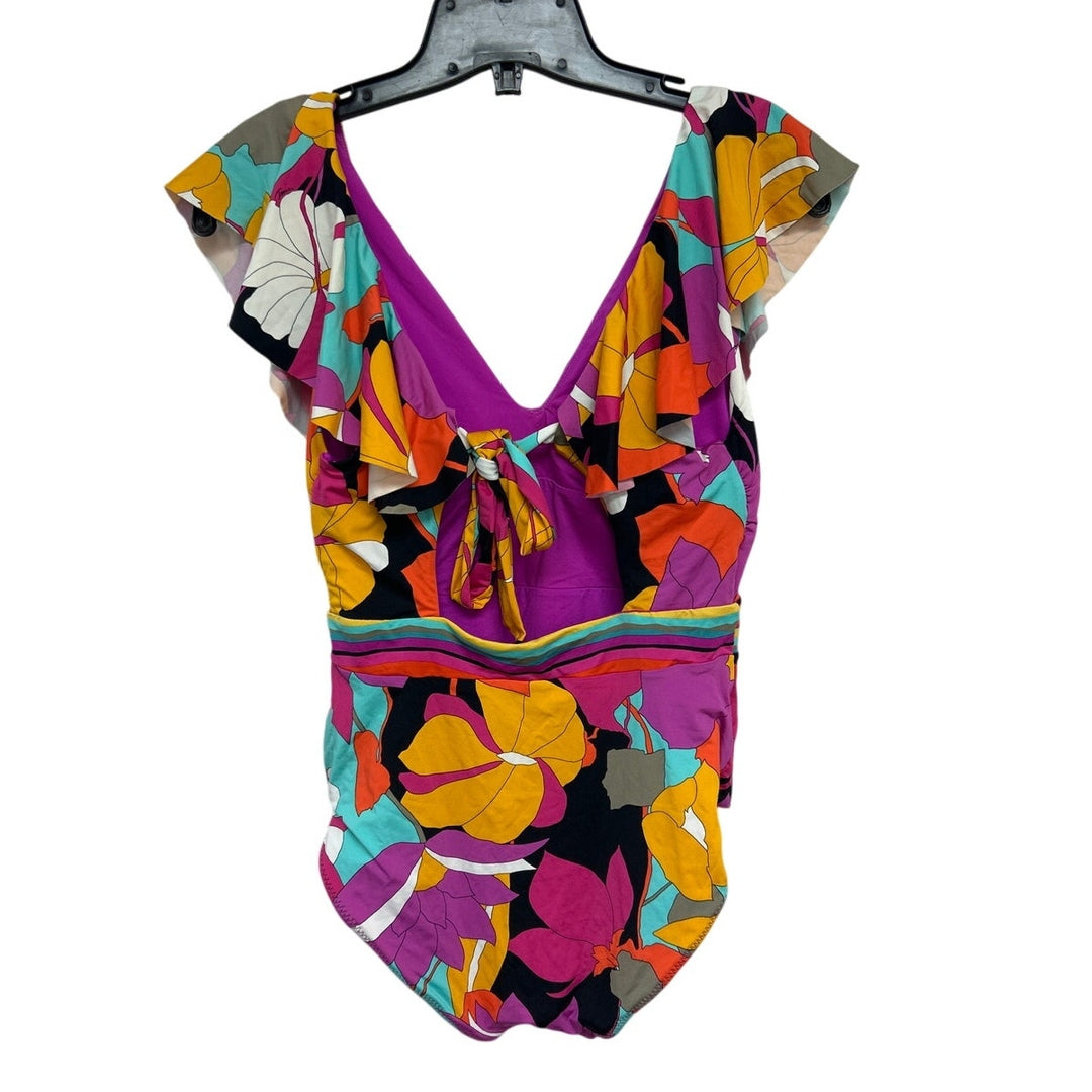 New Trina Turk Womens XS Tropical Floral V Neck Back Tie One Piece Swimsuit