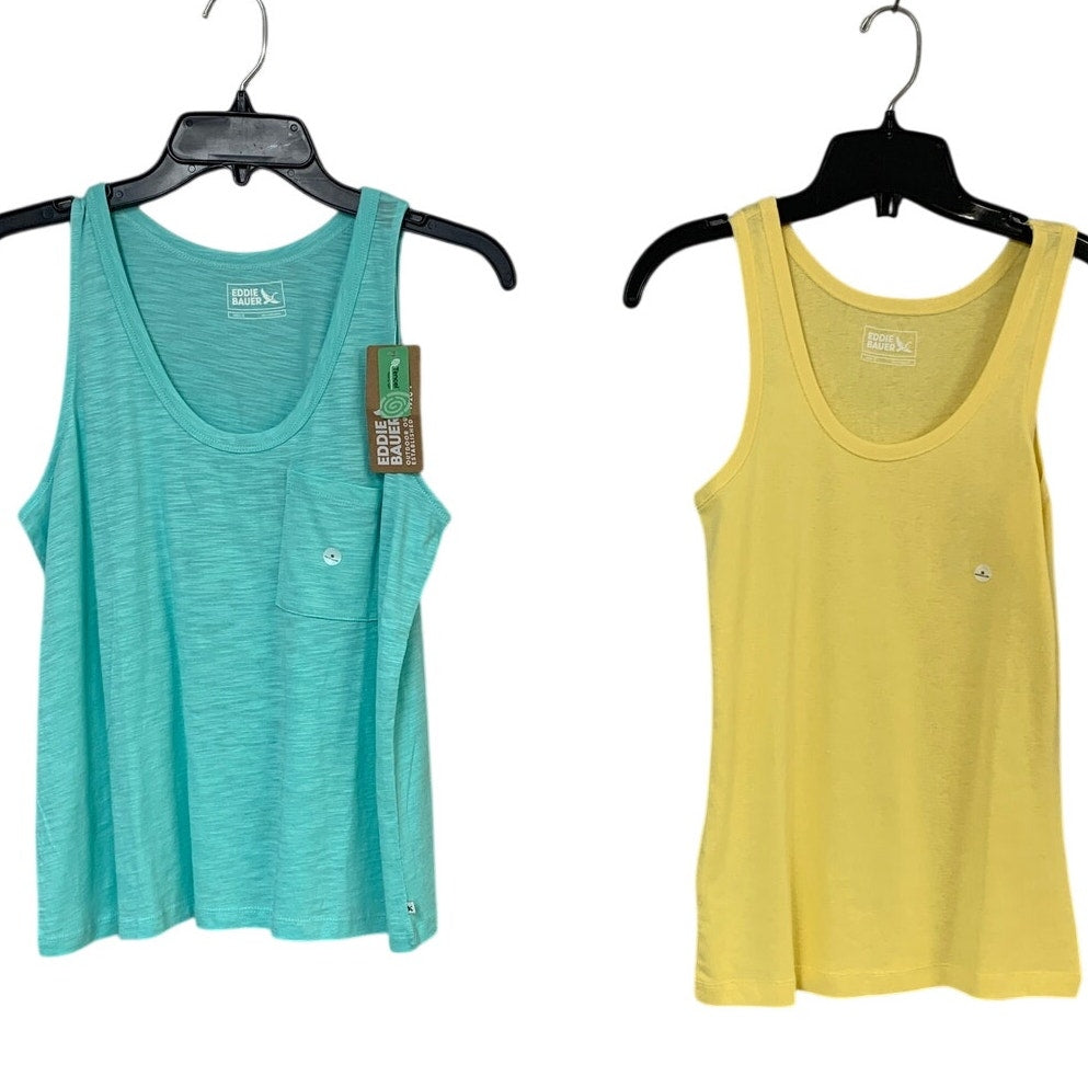 2 New Eddie Bauer Womens Small Blue Yellow Gatecheck Pocket Heathered Tank Tops