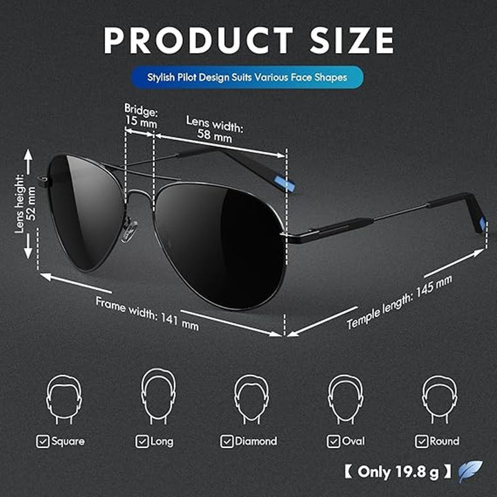 New Dada-pro Mens Black Silver Polarized Aviator Vintage Style Sunglasses w Case