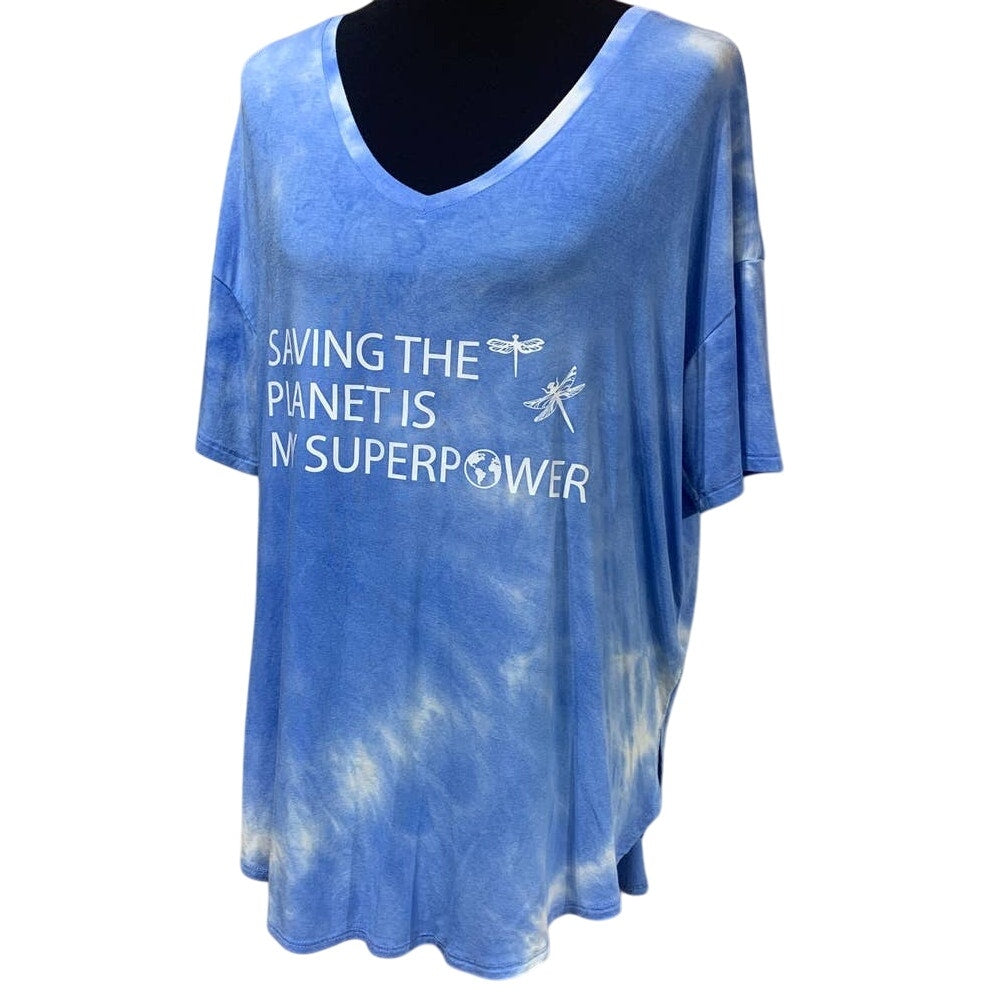 Hand Printed Upcycled Womens Large Dragonfly Saving the Planet Superpower Tee