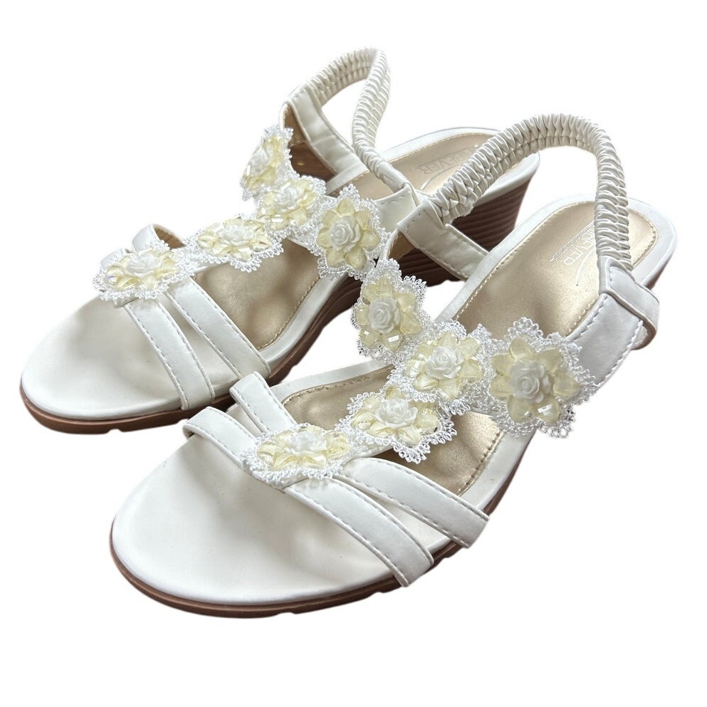 Shibever Womens 9.5 White Elastic Strap Open Toe Flower 2.25" Wedge Heel Shoes