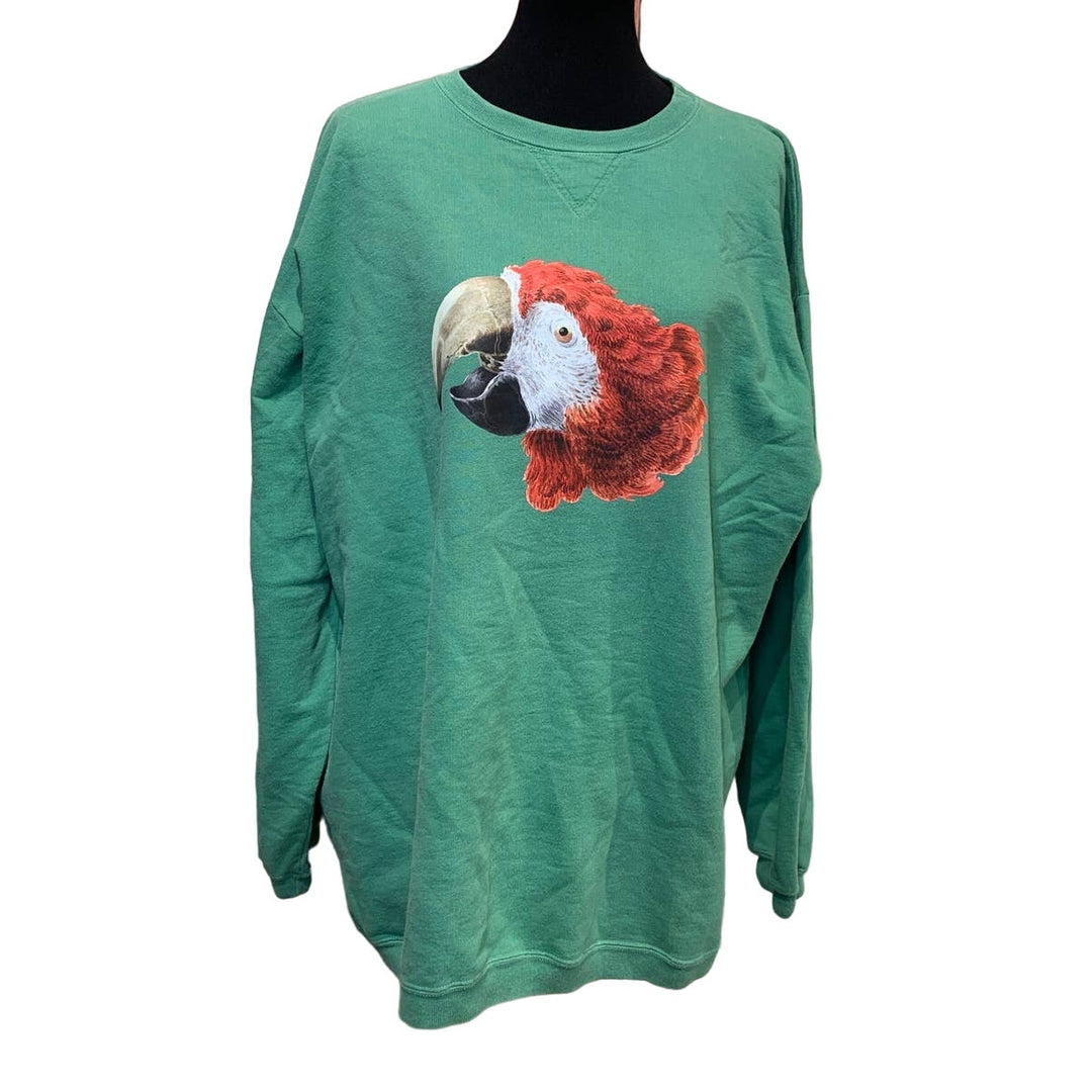 Upcycled Hand Printed 2XL Red Macaw Parrot Ukraine Artist Fundraiser Sweatshirt