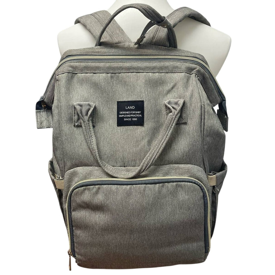 LAND Designed for Baby Gray Backpack Diaper Bag Exterior Interior Zipper Pocket