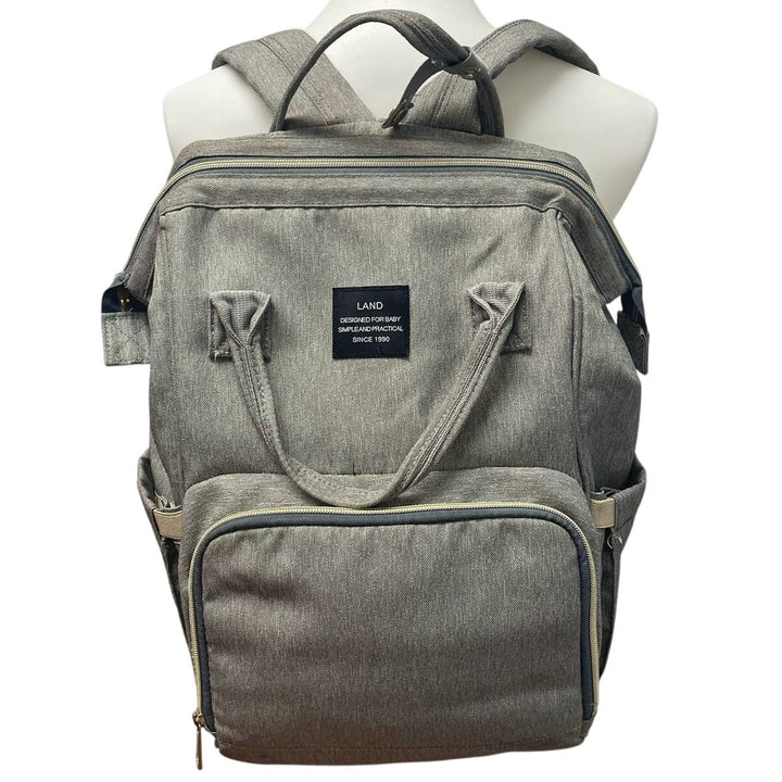 LAND Designed for Baby Gray Backpack Diaper Bag Exterior Interior Zipper Pocket