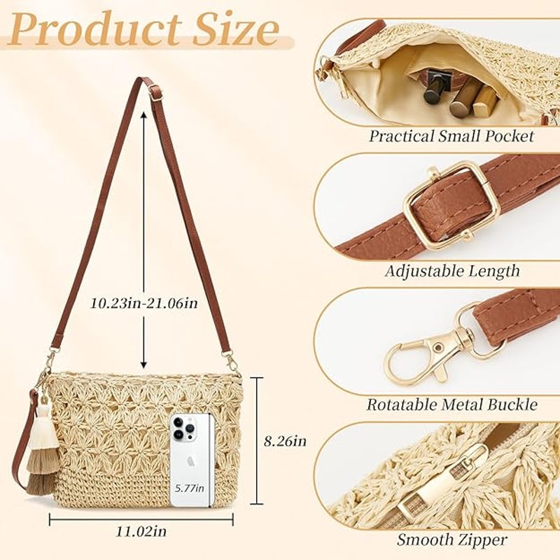 New Weimzc Womens Tan Small Straw Detachable Strap Purse Crossbody Bag Purse