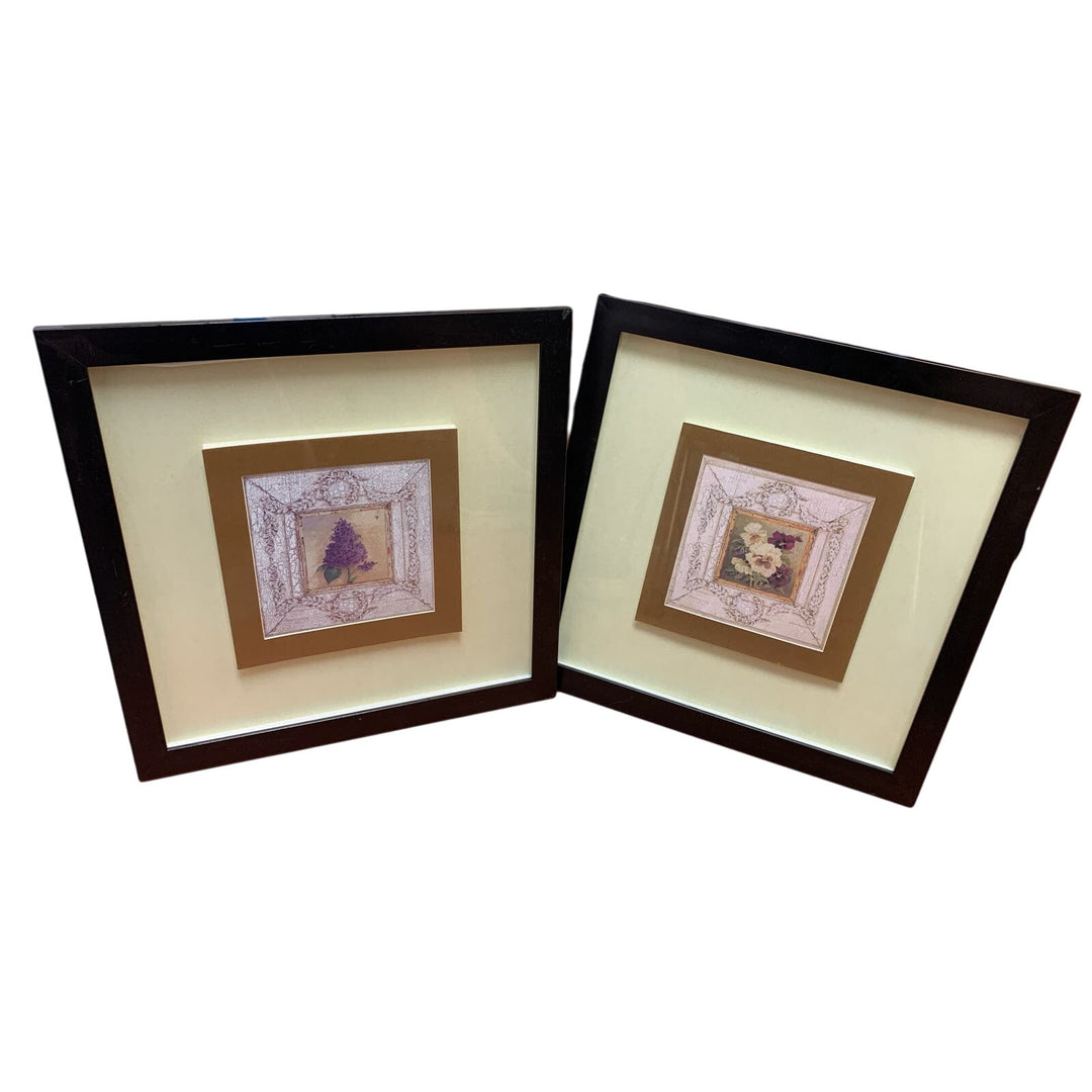 Rustic Flower Pansy Hyacynth Violet Square Matted Framed Wall Art Artwork Pair