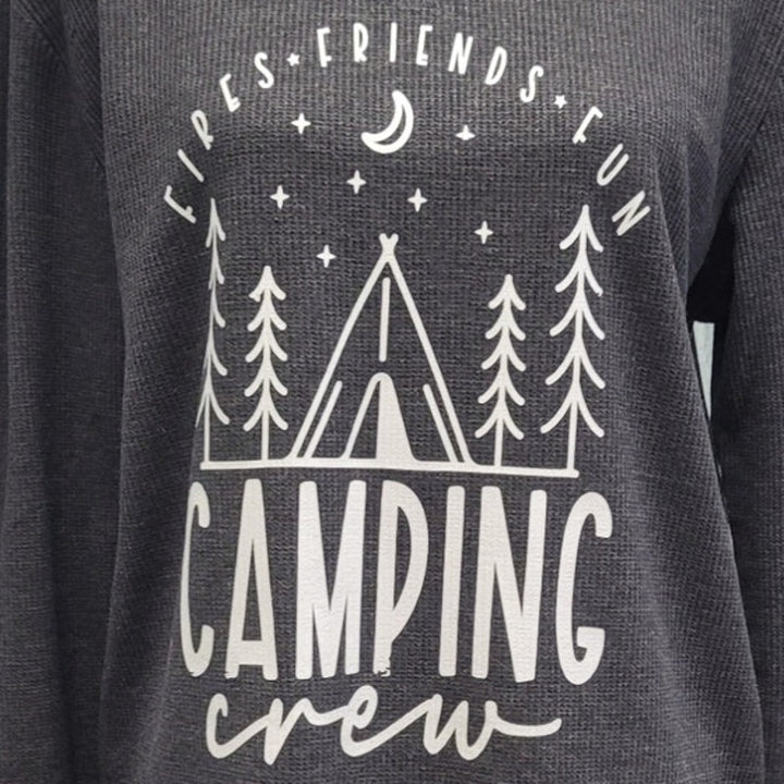 Hand Printed Upcycled Womens XL Fires Friends Camping Crew Long Sleeve Tee Shirt