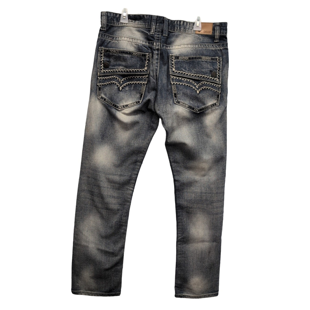 GS115 Mens 36X32 100% Cotton Factory Faded &amp; Distressed Embroidered Denim Jeans