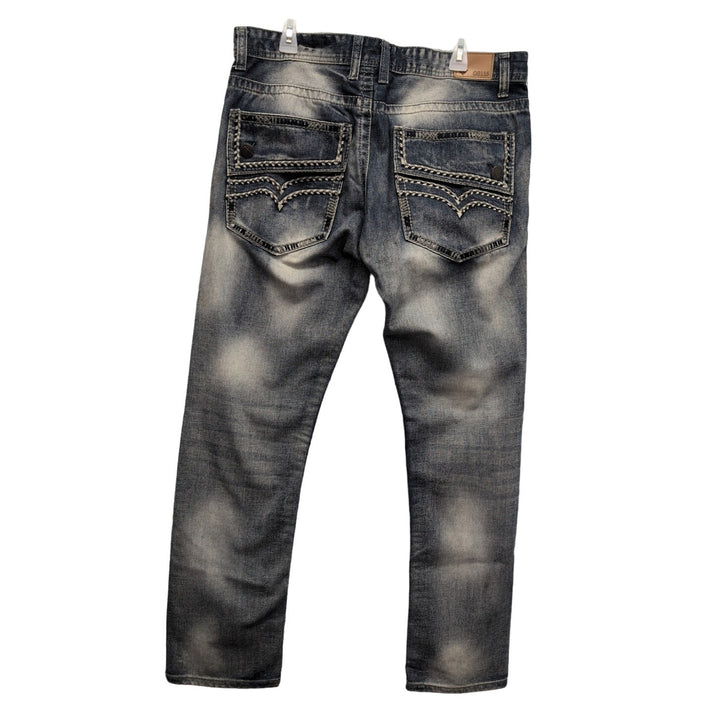 GS115 Mens 36X32 100% Cotton Factory Faded &amp; Distressed Embroidered Denim Jeans